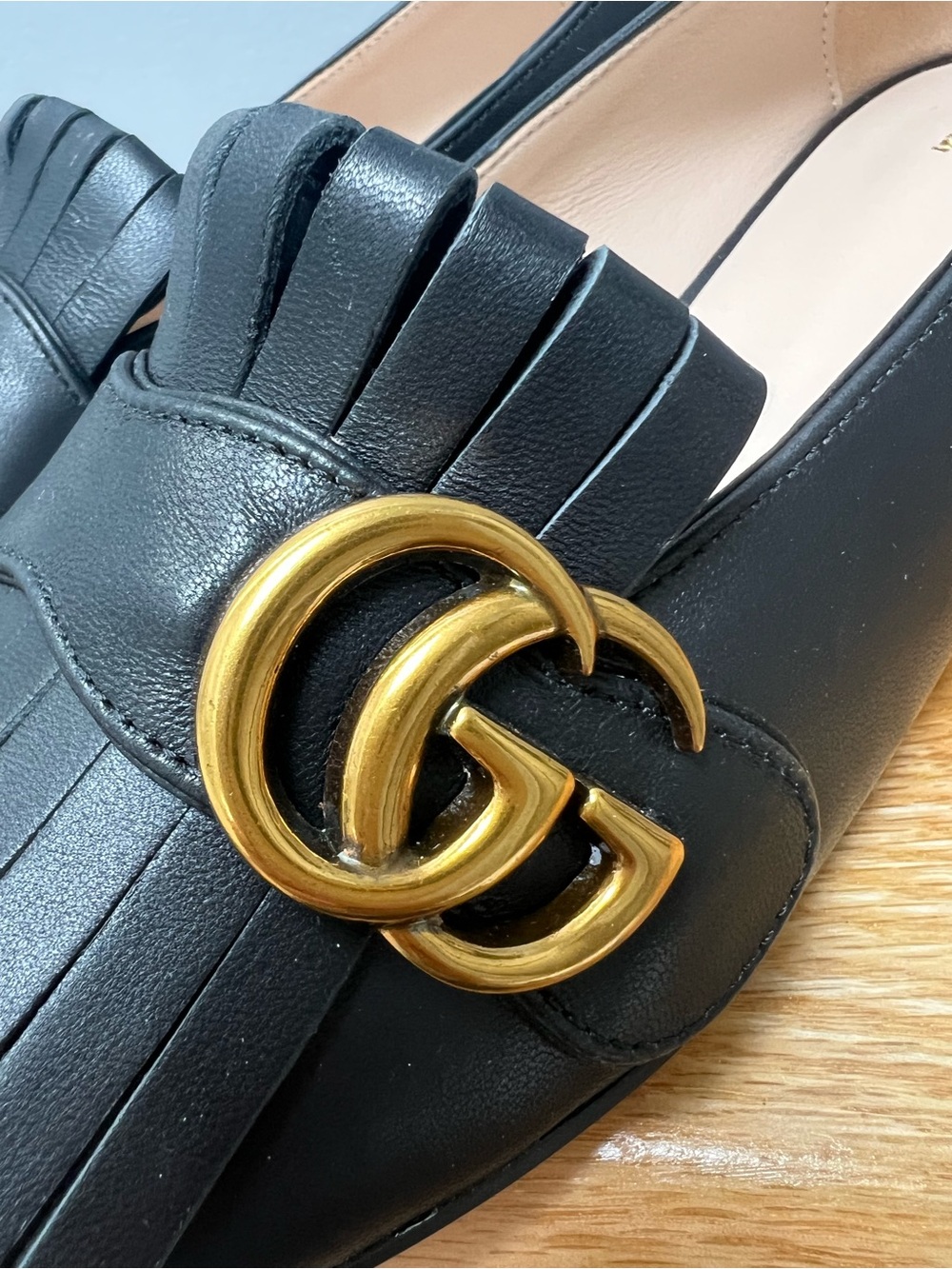 Gucci Marmont fringe loafers black leather horsebit GG logo block heel loafers - Picture 5 of 8